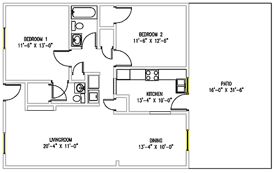Floor plan for 2 beds, 1.5 baths, 1094 sqft
